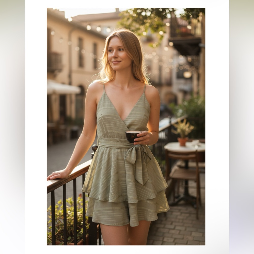 @BALANCE - Elegant Olive Green Striped‎ Ruffle Romper